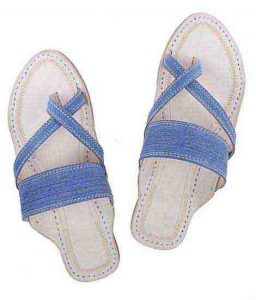 Good Looking Denim Light Blue Cross Belt Ladies Kolhapuri Chappal