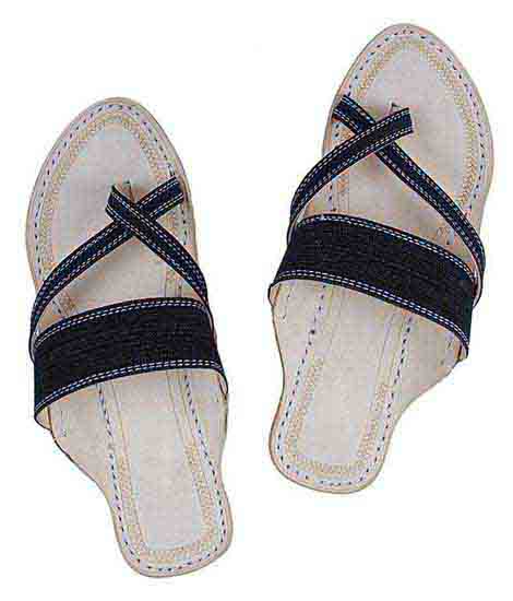 Beautiful Looking Denim Black Cross Lace Design Kolhapuri Chappal For Women