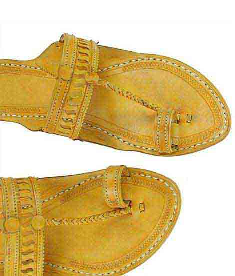 Good-Looking S Punching Yellow Flat Heel Kolhapuri Chappal For Women