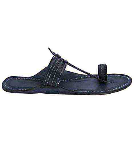 Fine-Looking Blue Flat Heel Black Punching Design Ladies Kolhapuri Chappal
