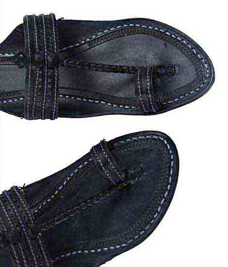 Fine-Looking Blue Flat Heel Black Punching Design Ladies Kolhapuri Chappal