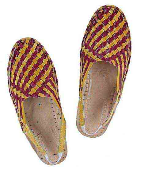 Superb Look Designer’S Red Brown And Yellow Mat Design Back Strip Ladies Kolhapuri Half Shoe