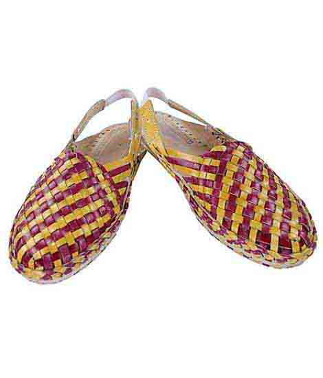 Superb Look Designer’S Red Brown And Yellow Mat Design Back Strip Ladies Kolhapuri Half Shoe