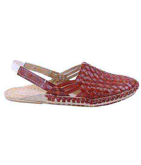 Eye-Catching Mat Design Back Strip Red Brown Ladies Kolhapuri Half Shoe