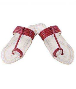 Good-Looking Cherry Red Five Braids Upper Kolhapuri Women Chappal