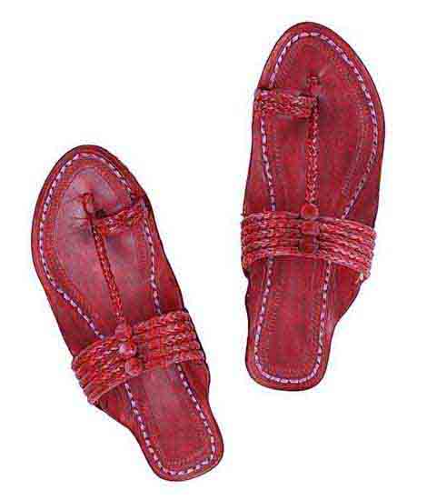 Handsome Cherry Red Five Braids Kolhapuri Ladies Chappal