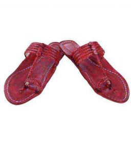 Handsome Cherry Red Five Braids Kolhapuri Ladies Chappal