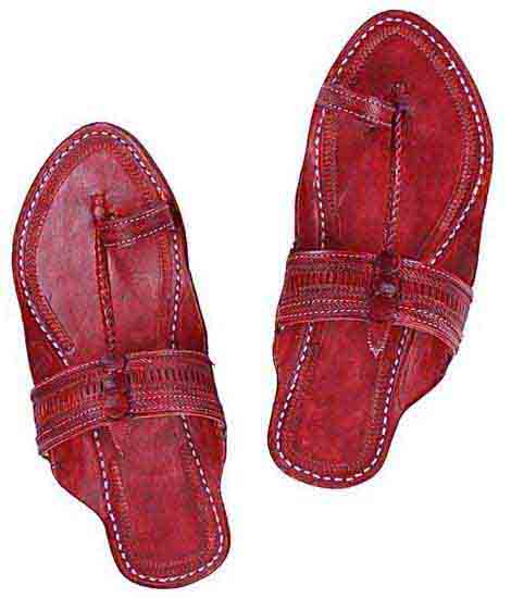 Decent Looking Cherry Red Punching Design Kolhapuri Chappal For Women