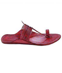 Decent Looking Cherry Red Punching Design Kolhapuri Chappal For Women