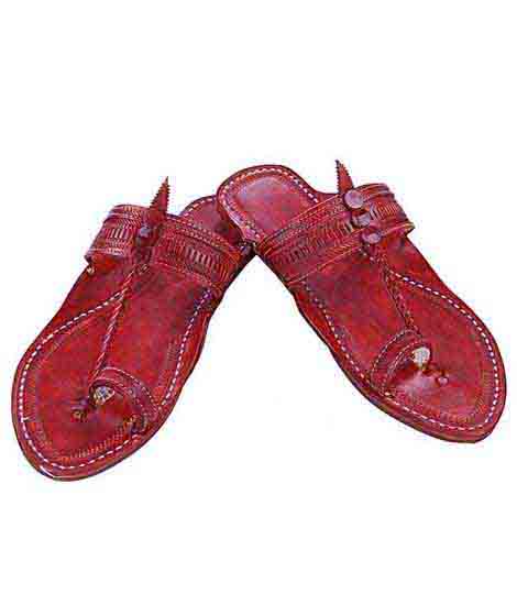 Decent Looking Cherry Red Punching Design Kolhapuri Chappal For Women