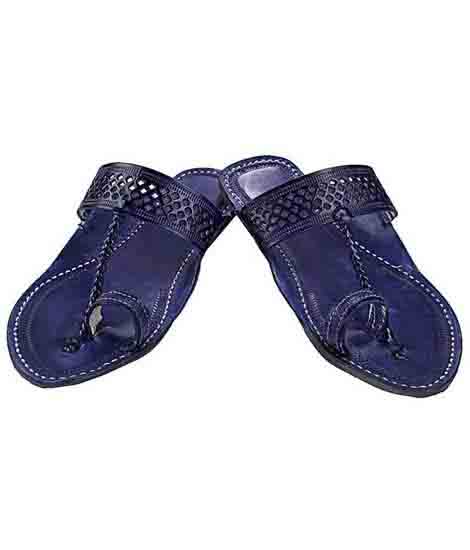 Attractive Dark Blue Diamond Punching Kolhapuri Chappal For Women