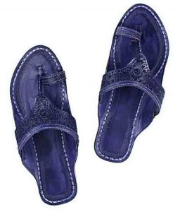 Well-Designed Dark Blue Punching Design Broad Belt Ladies Kolhapuri Chappal