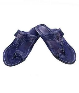 Well-Designed Dark Blue Punching Design Broad Belt Ladies Kolhapuri Chappal