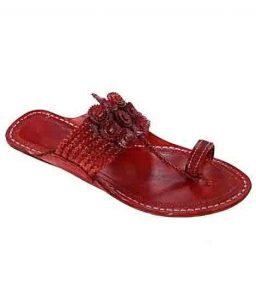 Breathtaking Seven Braids Cherry Red Flat Heel Kolhapuri Chappal For Women