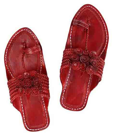 Breathtaking Seven Braids Cherry Red Flat Heel Kolhapuri Chappal For Women