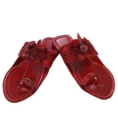 Breathtaking Seven Braids Cherry Red Flat Heel Kolhapuri Chappal For Women