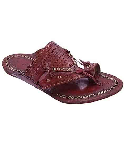 Outmoded Cherry Red Broad Punching Upper Golden Rivets Gents Kolhapuri Chappal