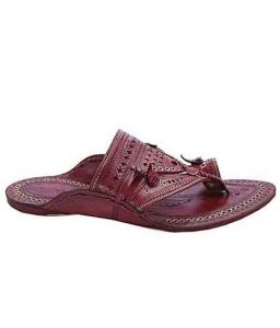 Outmoded Cherry Red Broad Punching Upper Golden Rivets Gents Kolhapuri Chappal