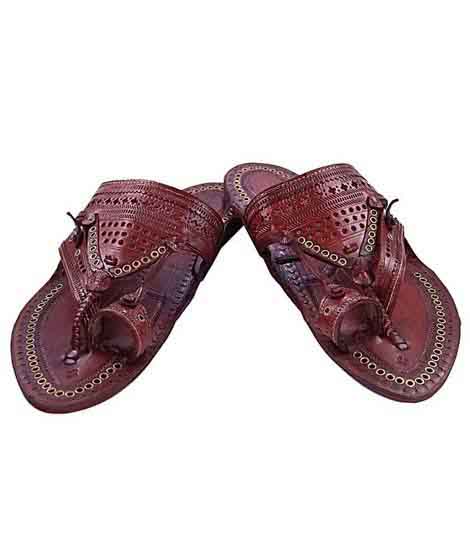 Outmoded Cherry Red Broad Punching Upper Golden Rivets Gents Kolhapuri Chappal