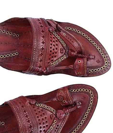 Outmoded Cherry Red Broad Punching Upper Golden Rivets Gents Kolhapuri Chappal