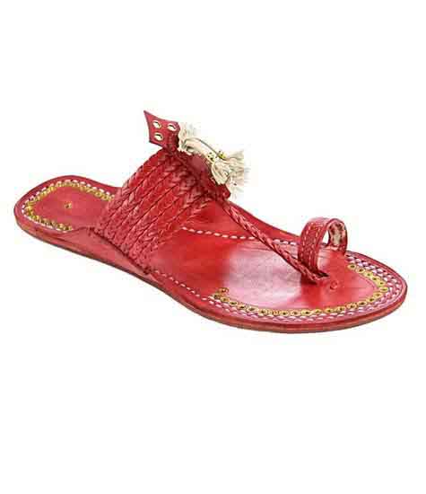 Outstanding Designer’S Six Braided Cherry Red Golden Rivets Gents Kolhapuri Chappal