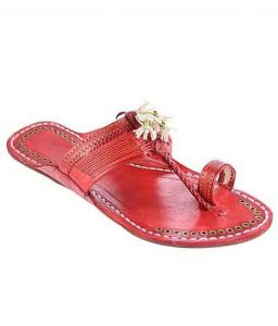Designer’S Royal Look Cherry Red Fine Braids Flat Heel Men Kolhapuri Chappal