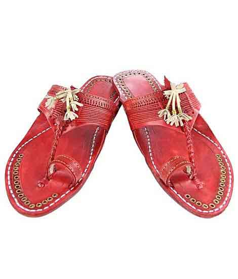 Designer’S Royal Look Cherry Red Fine Braids Flat Heel Men Kolhapuri Chappal