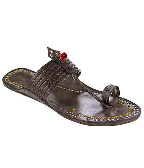 Lovely Dark Brown Six Braided Red Gonda Golden Rivets Kolhapuri Chappal