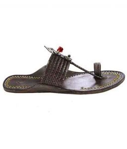 Lovely Dark Brown Six Braided Red Gonda Golden Rivets Kolhapuri Chappal