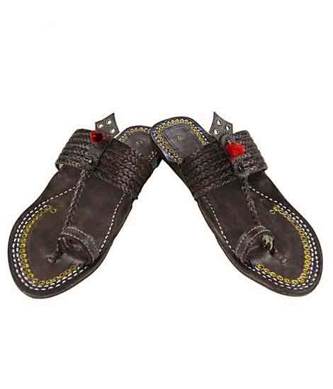 Lovely Dark Brown Six Braided Red Gonda Golden Rivets Kolhapuri Chappal