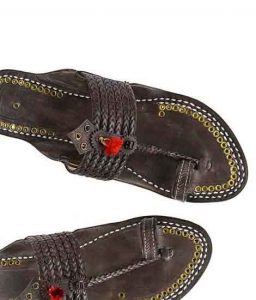 Lovely Dark Brown Six Braided Red Gonda Golden Rivets Kolhapuri Chappal