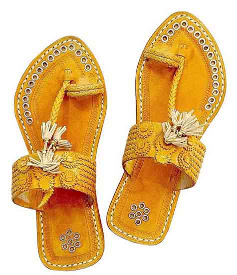 Magnificent Designer’S Dark Yellow Seven Braid Silver Rivets Kolhapuri Women Chappal