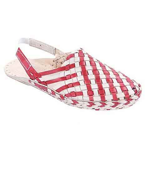 Noticeable Look Designer’S Cherry Red And Natural Mat Style Ladies Kolhapuri Half Shoe