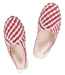 Noticeable Look Designer’S Cherry Red And Natural Mat Style Ladies Kolhapuri Half Shoe