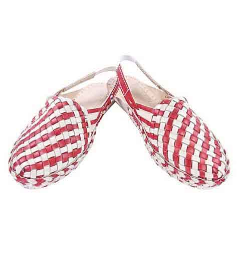 Noticeable Look Designer’S Cherry Red And Natural Mat Style Ladies Kolhapuri Half Shoe