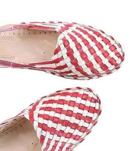 Noticeable Look Designer’S Cherry Red And Natural Mat Style Ladies Kolhapuri Half Shoe