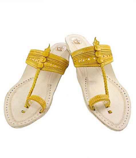 Striking Look Yellow Color Platform Heel Ladies Kolhapuri Chappal