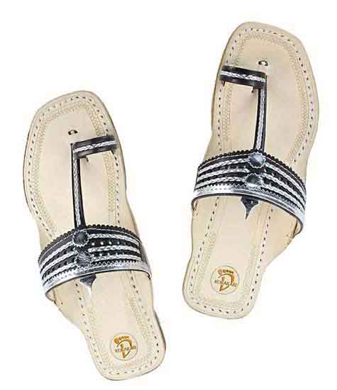 Wonderful Black And Silver Flat Heel Ladies Kolhapuri Chappal