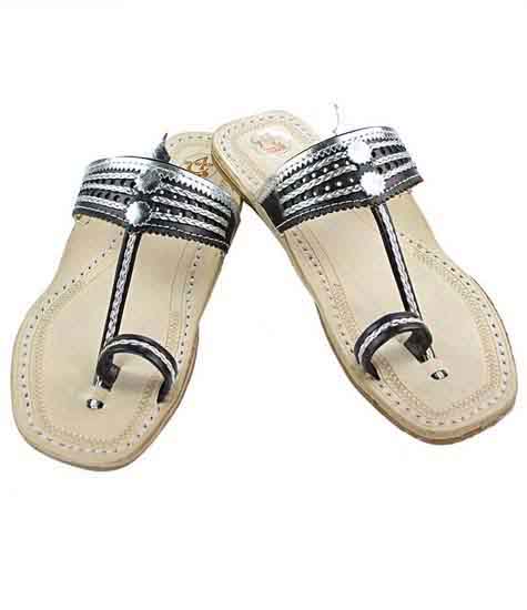 Wonderful Black And Silver Flat Heel Ladies Kolhapuri Chappal