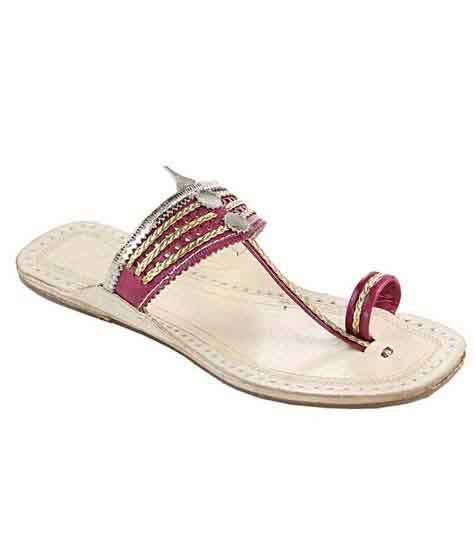 Delightful Cherry Red And Golden Flat Heel Ladies Kolhapuri Chappal