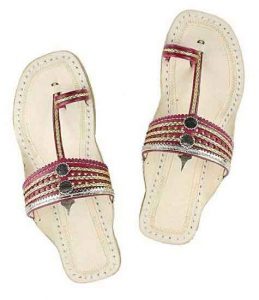 Delightful Cherry Red And Golden Flat Heel Ladies Kolhapuri Chappal