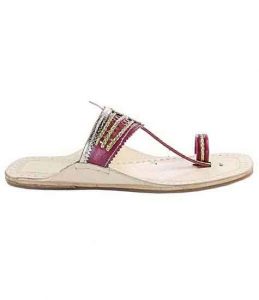 Delightful Cherry Red And Golden Flat Heel Ladies Kolhapuri Chappal