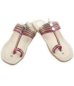 Delightful Cherry Red And Golden Flat Heel Ladies Kolhapuri Chappal