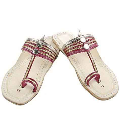 Delightful Cherry Red And Golden Flat Heel Ladies Kolhapuri Chappal