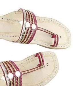 Delightful Cherry Red And Golden Flat Heel Ladies Kolhapuri Chappal