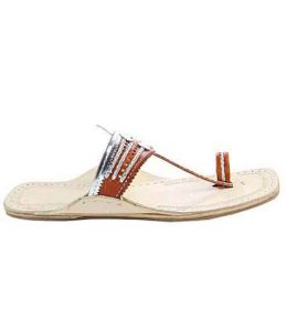 Awesome Look Tan And Silver Flat Heel Ladies Kolhapuri Chappal