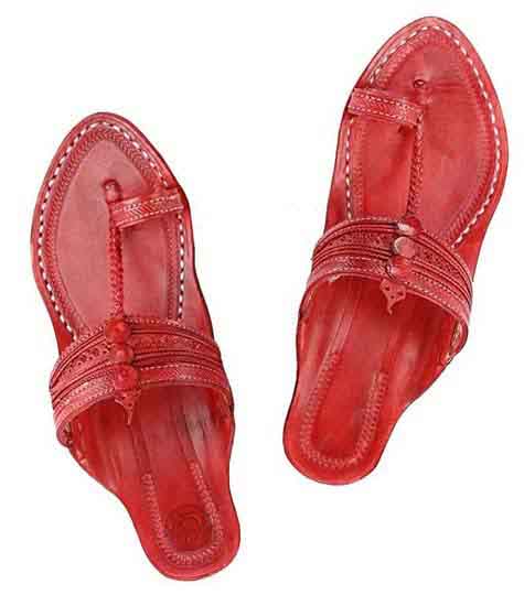 Perfect Look Cherry Red Fine Braids And Punching Platform Heel Ladies Kolhapuri Chappal