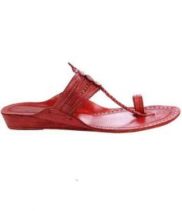 Perfect Look Cherry Red Fine Braids And Punching Platform Heel Ladies Kolhapuri Chappal