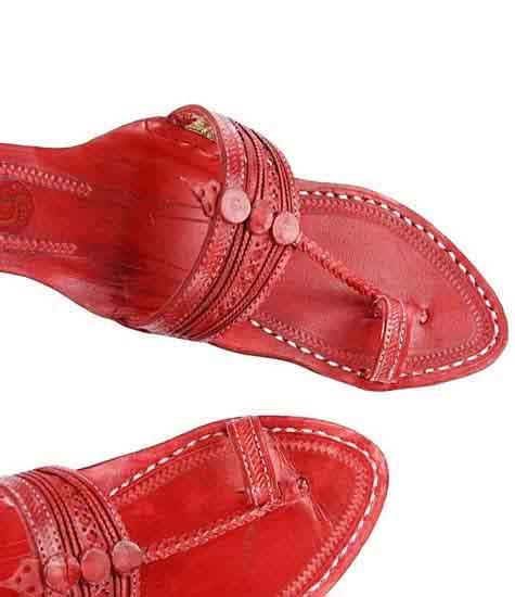 Perfect Look Cherry Red Fine Braids And Punching Platform Heel Ladies Kolhapuri Chappal