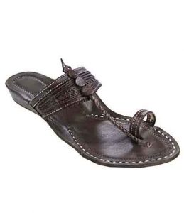 Lovely Dark Brown Fine Braids And Punching Platform Heel Ladies Kolhapuri Chappal